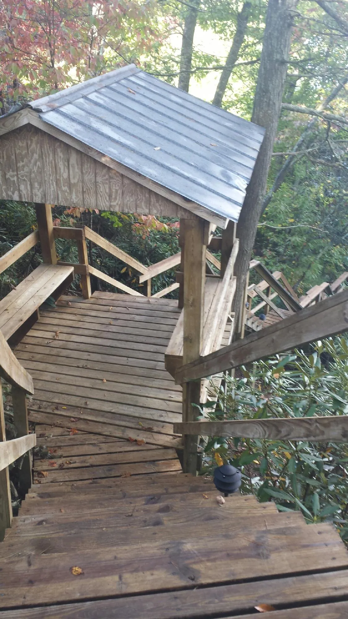 Metal roofed shelter over wooden steps on a wooded walkway — Skylight Repair & Installation work by our crew in Stites